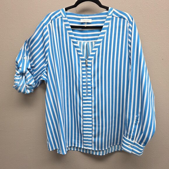 Calvin Klein Shirt Womens Plus 1X Blue White Striped V Neck Half Zip Roll Tab - Picture 1 of 11